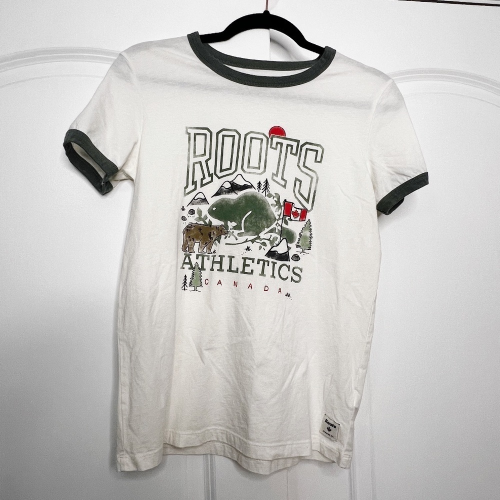 Roots Athletics Canada Ringer T-Shirt graphic Size Small White Cream